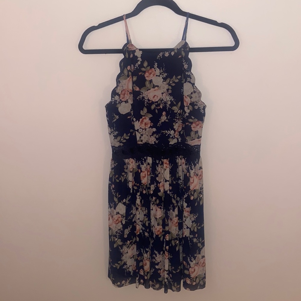 Juniors navy blue formal dress with floral print